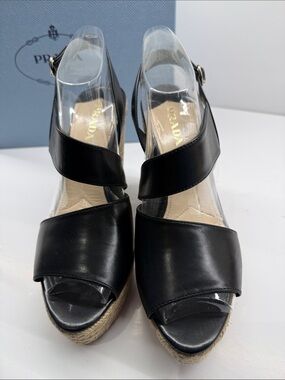 Prada Black Leather Espadrille Wedge Sandals with Rope Platform